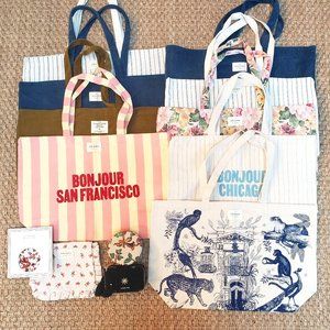 Bundle of Sezane totes (9x), jewelry boxes (2x), zip clutch, and scarf!